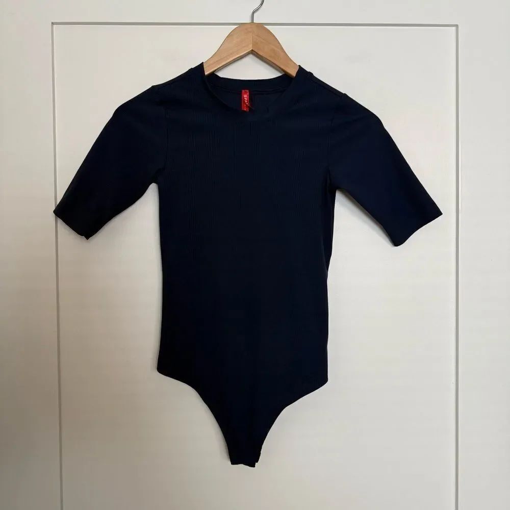 Spanx Suit Yourself Ribbed Crew Neck Bodysuit Sz XS Navy Blue